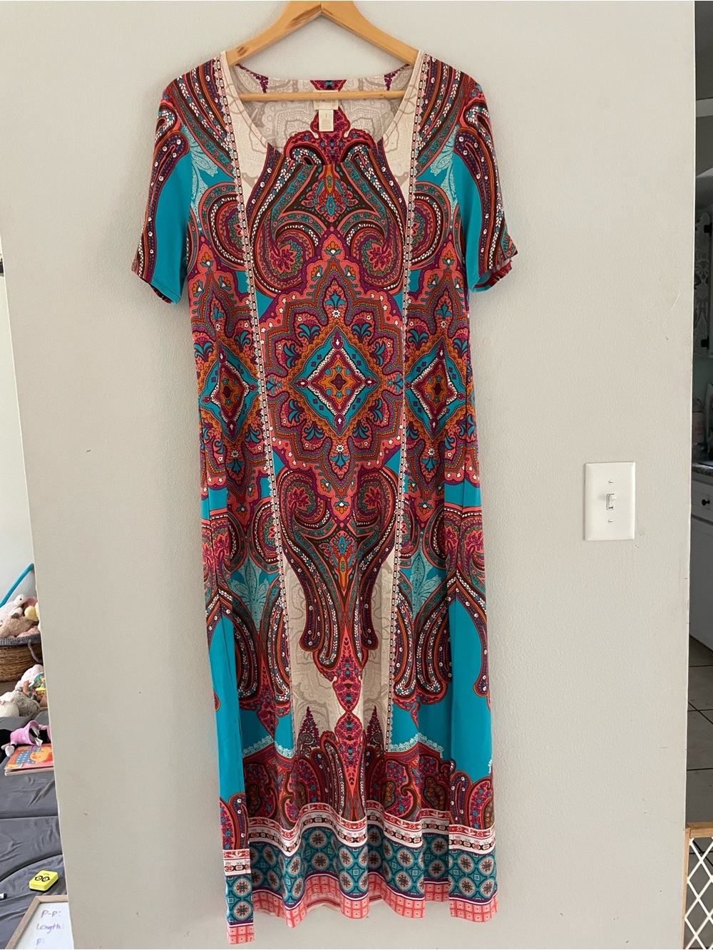 Chicos Bohemian Paisley Maxi Dress in Teal Cream and Red